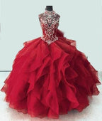 Royal Blue Organza High Neck Quinceanera Dresses Burgundy Prom Dresses - Curvevia