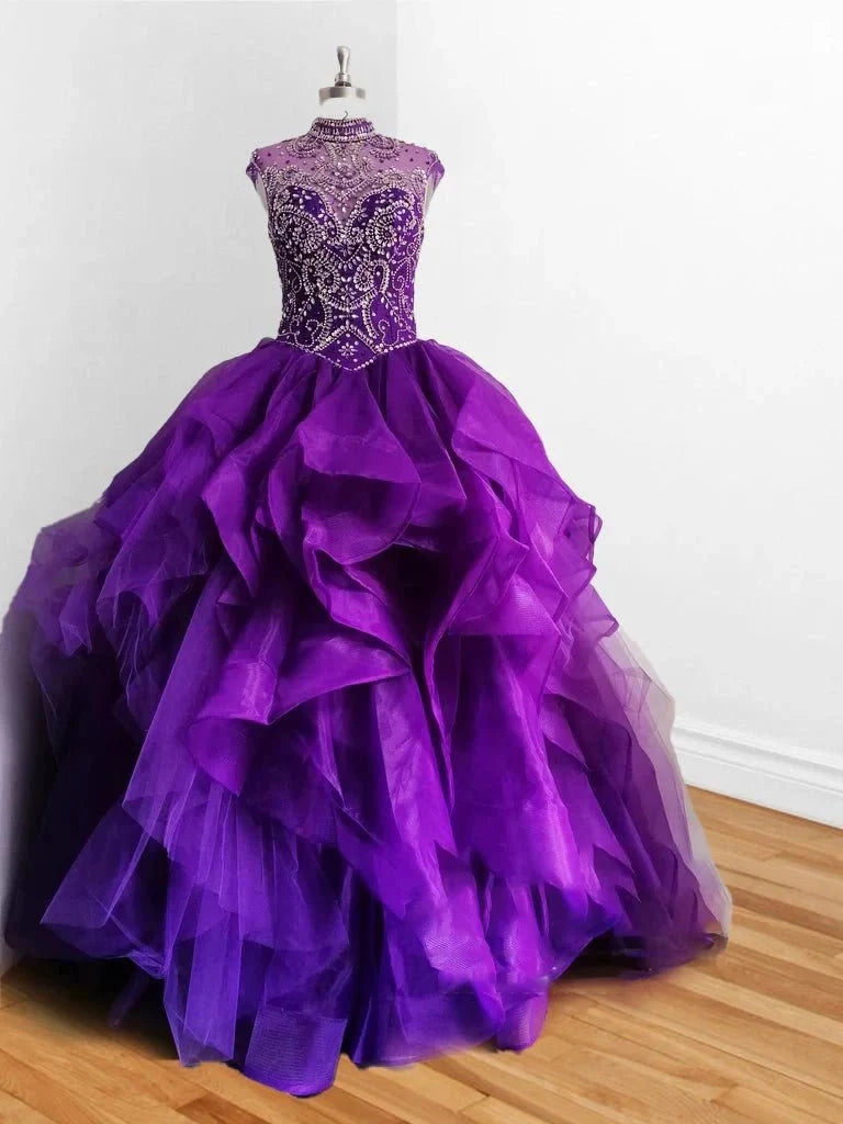 Royal Blue Organza High Neck Quinceanera Dresses Burgundy Prom Dresses - Curvevia