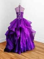 Royal Blue Organza High Neck Quinceanera Dresses Burgundy Prom Dresses - Curvevia