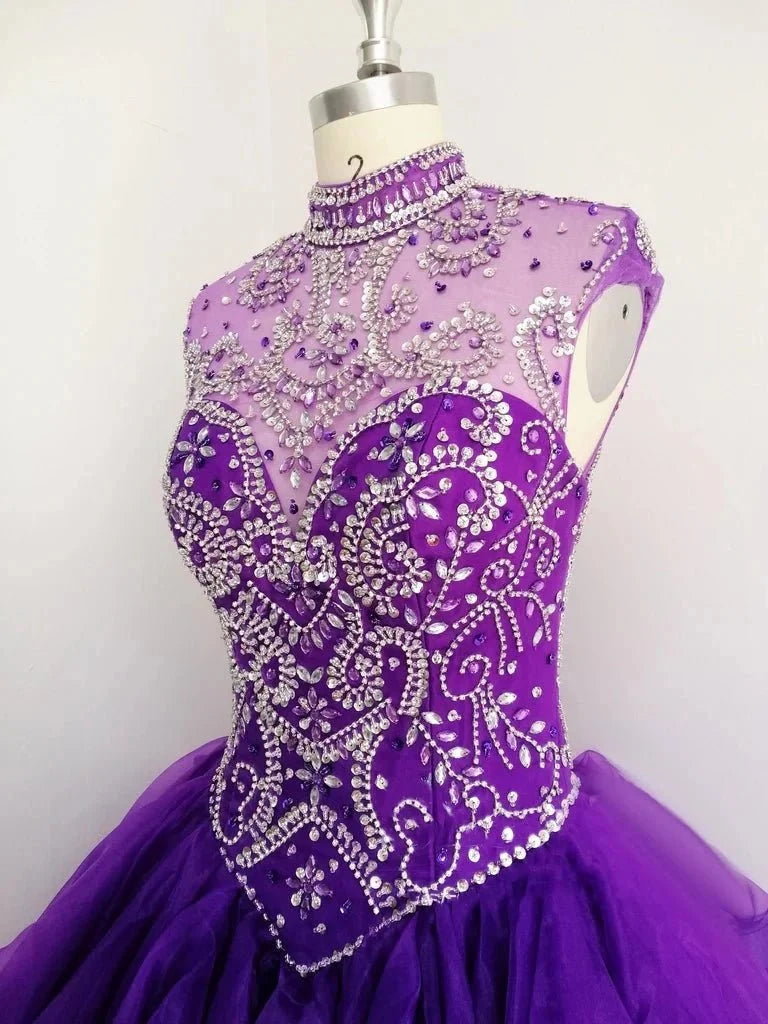 Royal Blue Organza High Neck Quinceanera Dresses Burgundy Prom Dresses - Curvevia