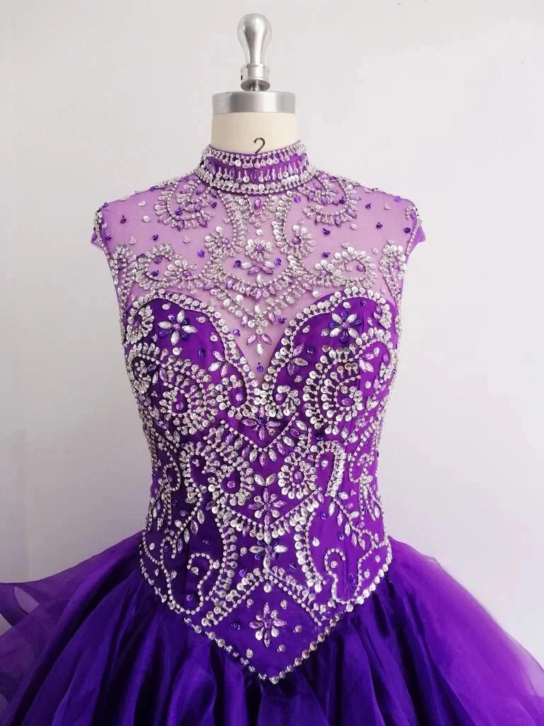 Royal Blue Organza High Neck Quinceanera Dresses Burgundy Prom Dresses - Curvevia