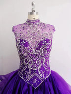Royal Blue Organza High Neck Quinceanera Dresses Burgundy Prom Dresses - Curvevia