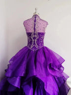 Royal Blue Organza High Neck Quinceanera Dresses Burgundy Prom Dresses - Curvevia