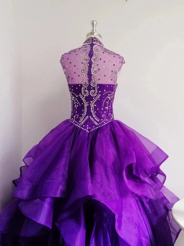 Royal Blue Organza High Neck Quinceanera Dresses Burgundy Prom Dresses - Curvevia