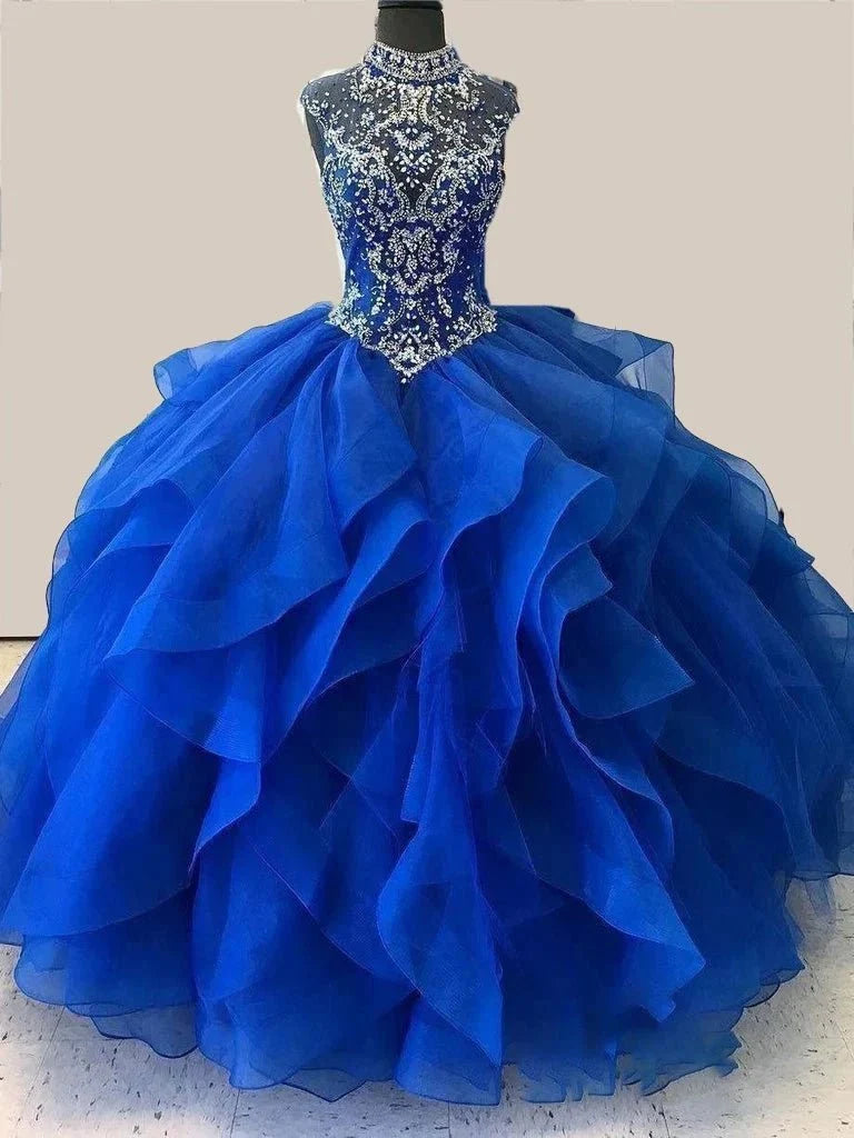 Royal Blue Organza High Neck Quinceanera Dresses Burgundy Prom Dresses - Curvevia