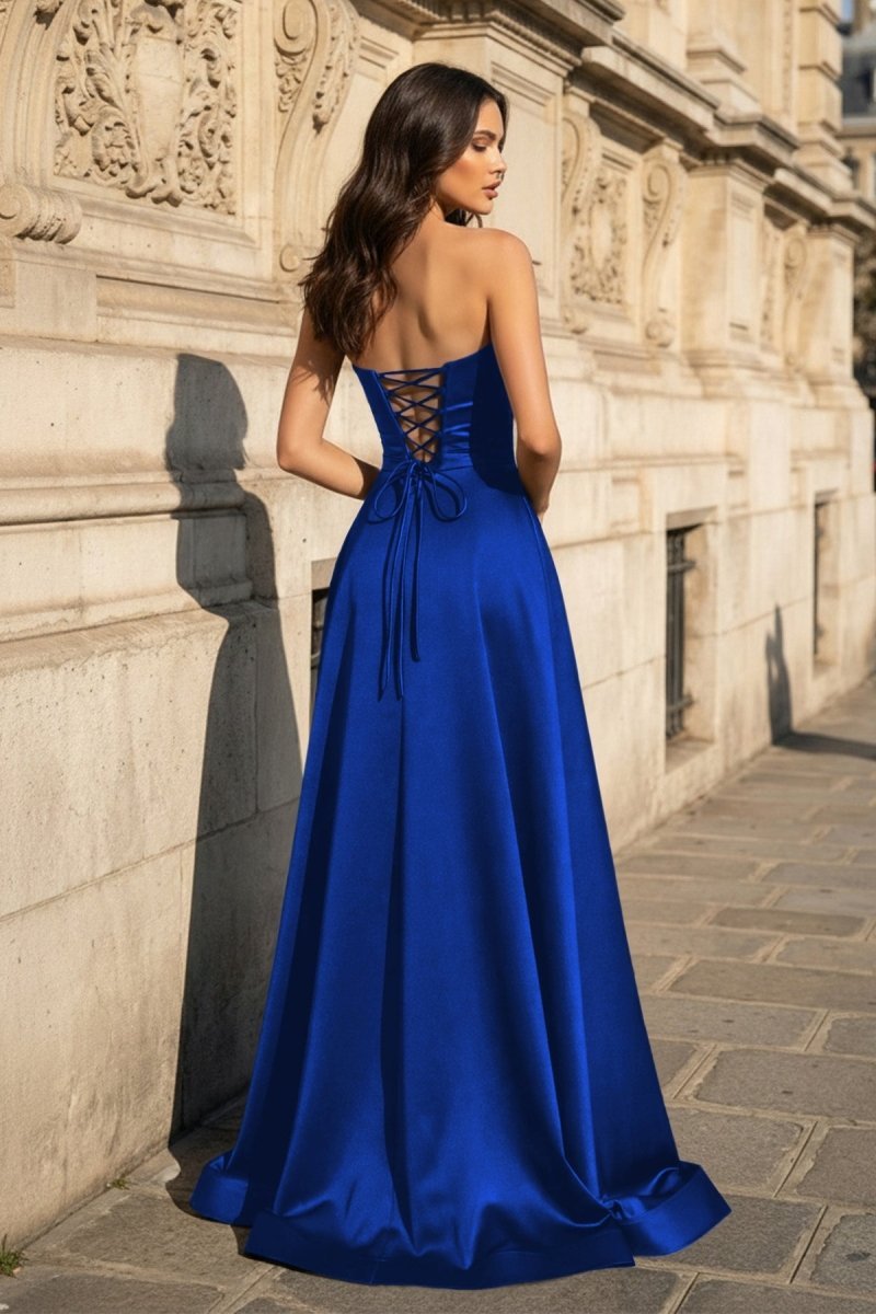 A Line Black Strapless Satin Evening Dress With Slit - Curvevia