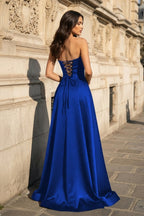 A Line Black Strapless Satin Evening Dress With Slit - Curvevia