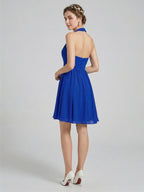 Elegant Royal Blue Chiffon A-Line Halter neckline Backless Knee-Length Bridesmaid Dress - Curvevia