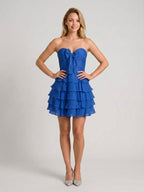 Royal Blue Chiffon A-Line Sweetheart Back Zip Short Homecoming Dress with Cascading Ruffles - Curvevia