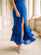 Royal Blue Chiffon Sheath Square Neck Ankle-Length Dress with Cascading Ruffles - Curvevia