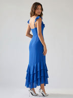 Royal Blue Chiffon Sheath Square Neck Ankle-Length Dress with Cascading Ruffles - Curvevia