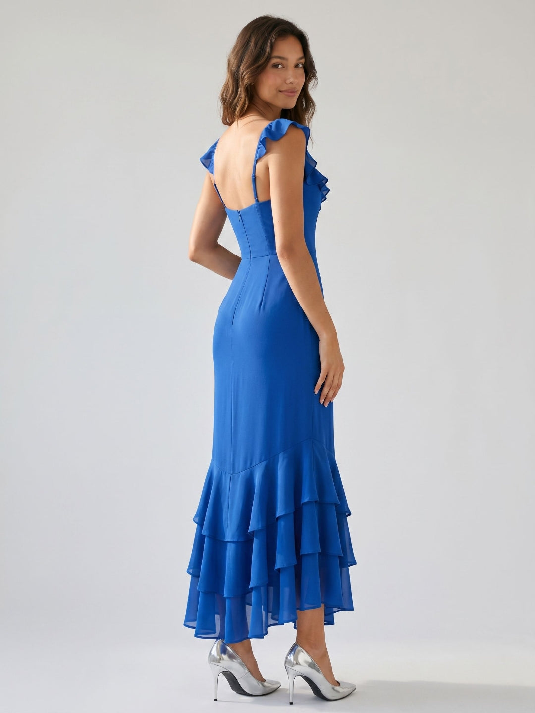 Royal Blue Chiffon Sheath Square Neck Ankle-Length Dress with Cascading Ruffles - Curvevia