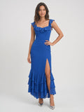 Royal Blue Chiffon Sheath Square Neck Ankle-Length Dress with Cascading Ruffles - Curvevia
