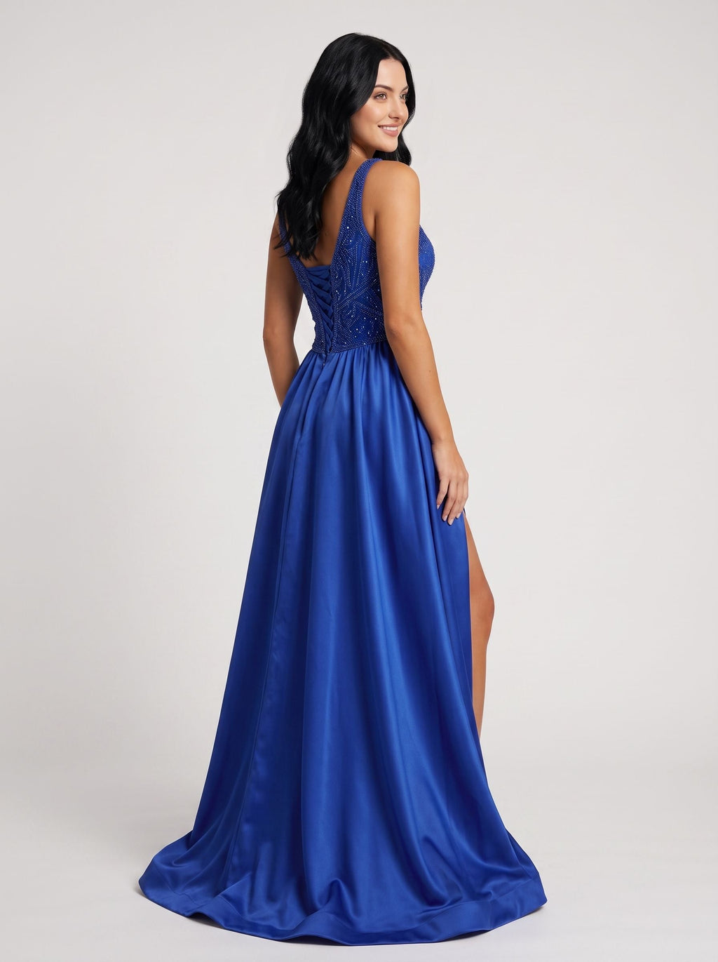 Royal Blue Satin A-Line V-Neck Corset Back Floor-Length Dress with Beaded Bodice and High Slit - Curvevia