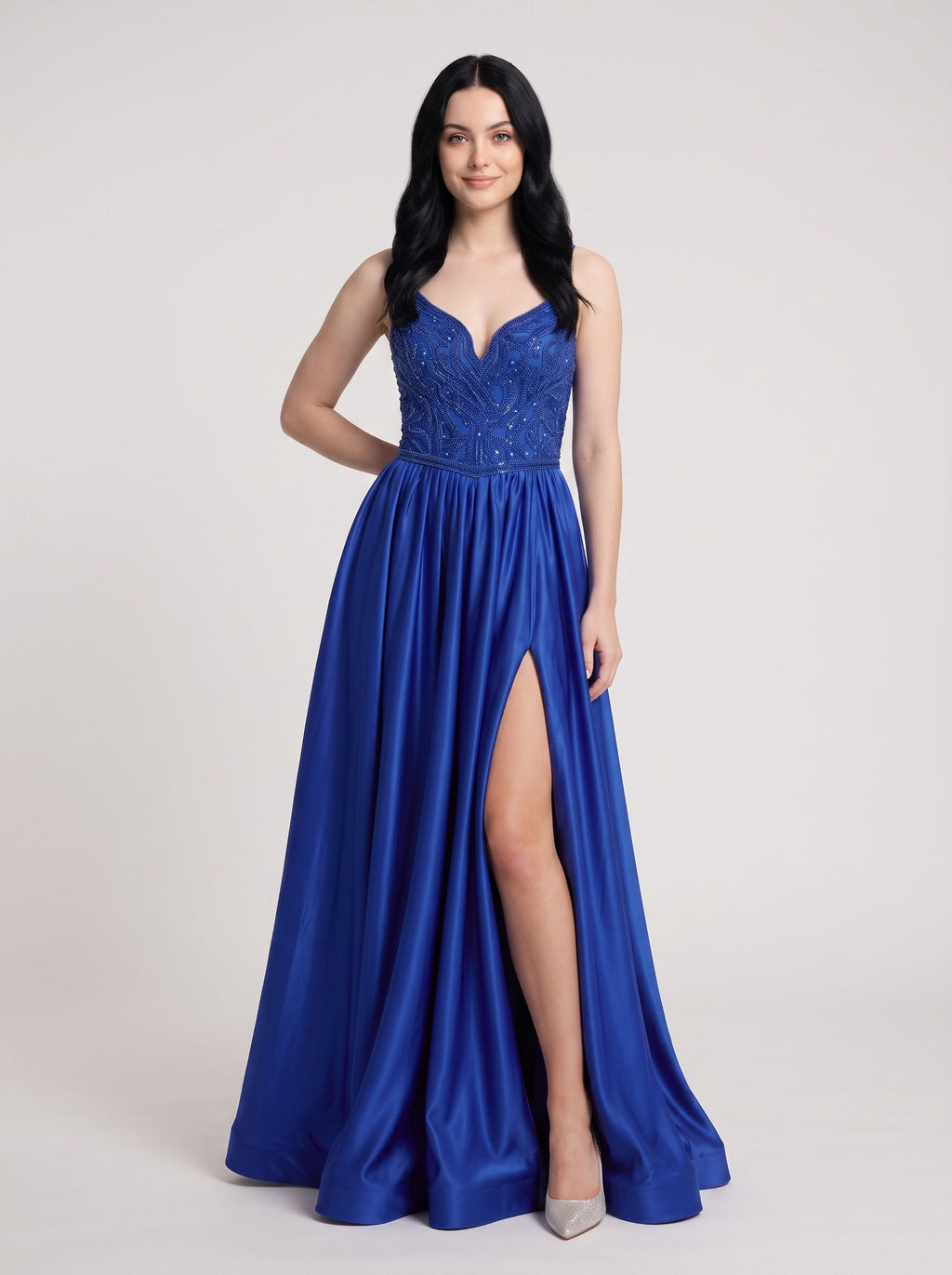 Royal Blue Satin A-Line V-Neck Corset Back Floor-Length Dress with Beaded Bodice and High Slit - Curvevia