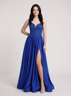Royal Blue Satin A-Line V-Neck Corset Back Floor-Length Dress with Beaded Bodice and High Slit - Curvevia