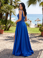 Royal Blue Satin A-Line V-Neck Corset Back Floor-Length Dress with Beaded Bodice and High Slit - Curvevia