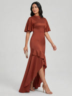 Elegant Rust Matte Satin mermaid Scoop Neck Back Zip Asymmetrical Bridesmaid Dress - Curvevia
