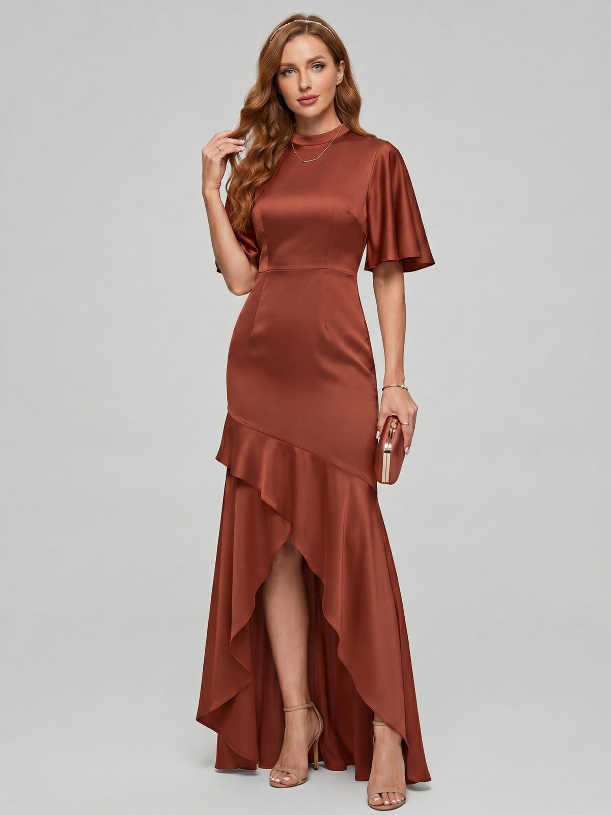 Elegant Rust Matte Satin mermaid Scoop Neck Back Zip Asymmetrical Bridesmaid Dress - Curvevia