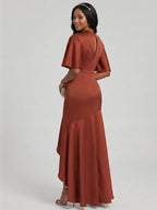 Elegant Rust Matte Satin mermaid Scoop Neck Back Zip Asymmetrical Bridesmaid Dress - Curvevia