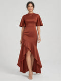 Elegant Rust Matte Satin mermaid Scoop Neck Back Zip Asymmetrical Bridesmaid Dress - Curvevia