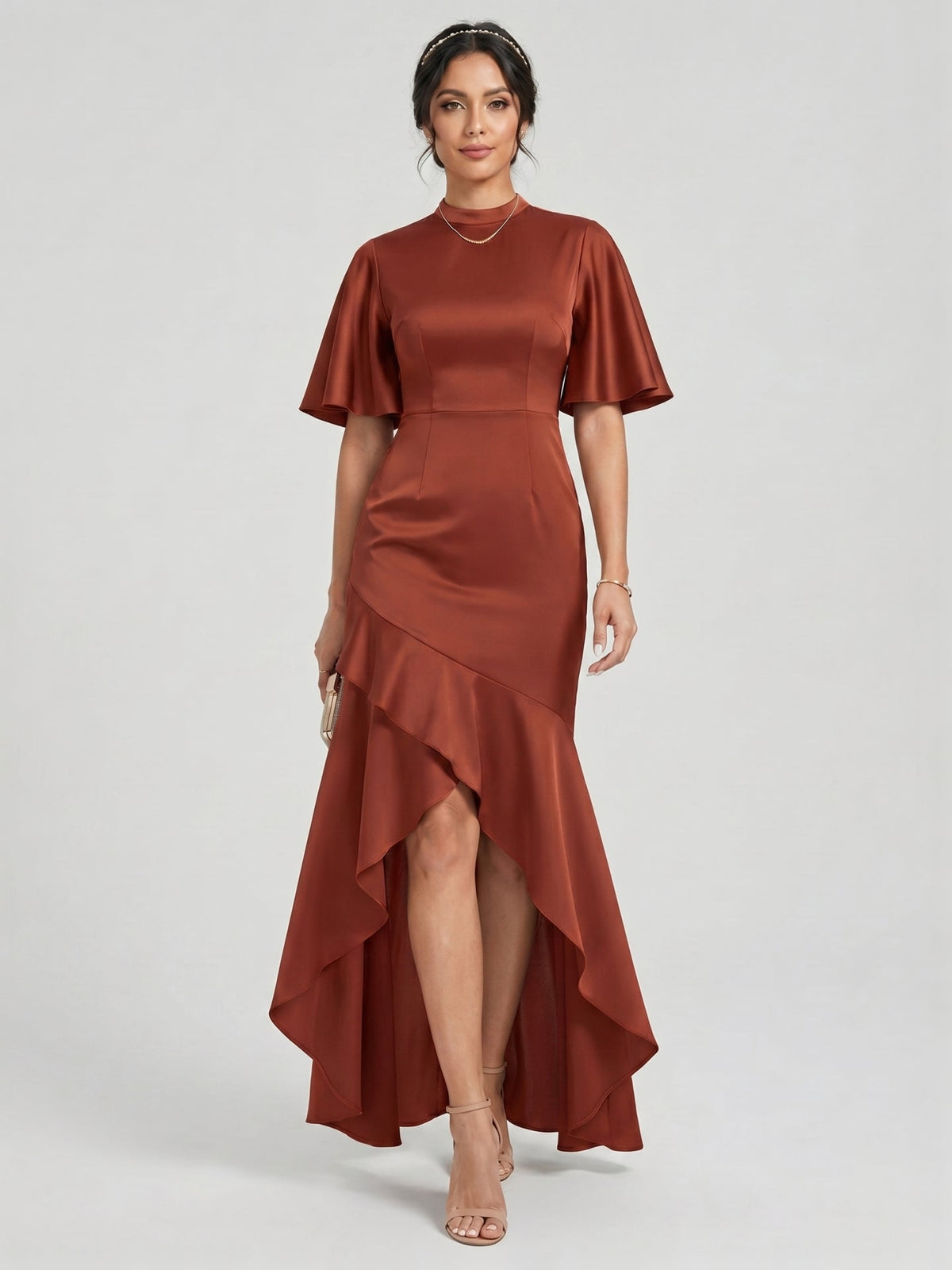 Elegant Rust Matte Satin mermaid Scoop Neck Back Zip Asymmetrical Bridesmaid Dress - Curvevia