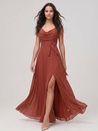 Rust Chiffon A-Line Cowl Neck Backless Floor-Length Bridesmaid Dress - Curvevia