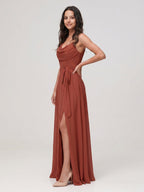 Rust Chiffon A-Line Cowl Neck Backless Floor-Length Bridesmaid Dress - Curvevia