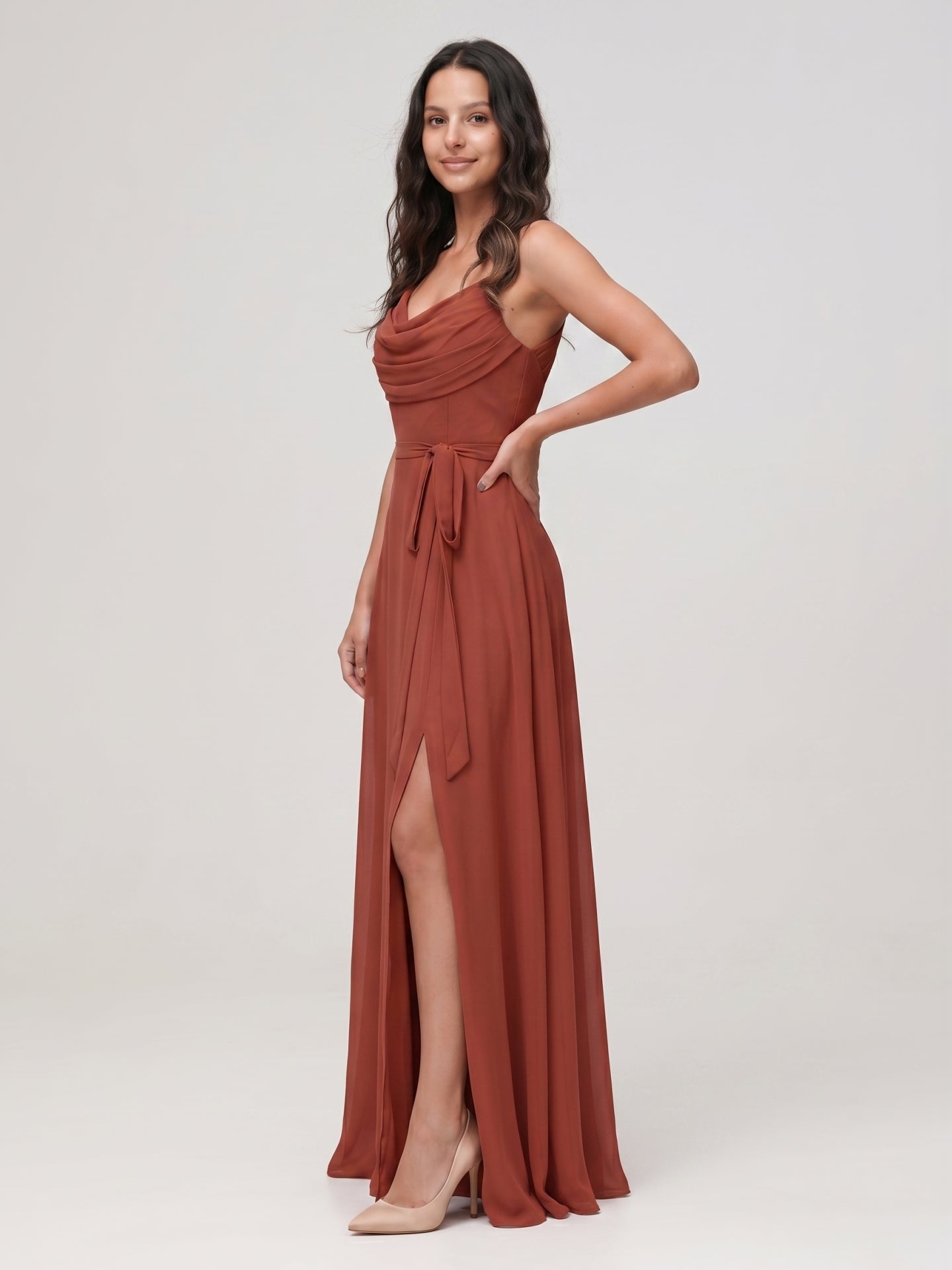 Rust Chiffon A-Line Cowl Neck Backless Floor-Length Bridesmaid Dress - Curvevia