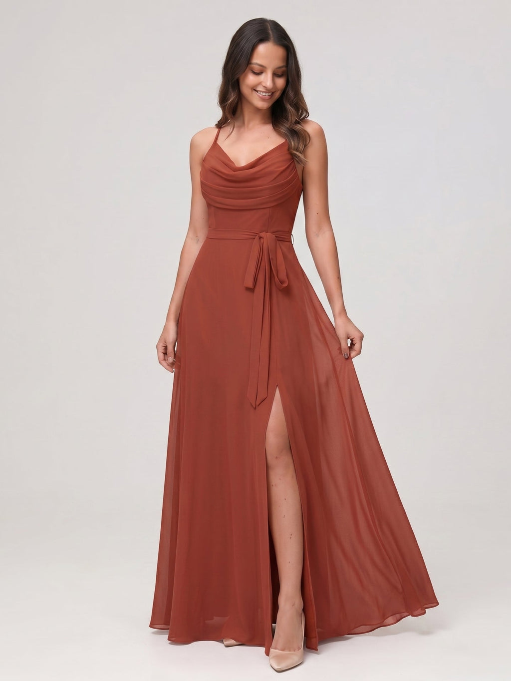 Rust Chiffon A-Line Cowl Neck Backless Floor-Length Bridesmaid Dress - Curvevia