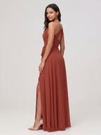 Rust Chiffon A-Line Cowl Neck Backless Floor-Length Bridesmaid Dress - Curvevia
