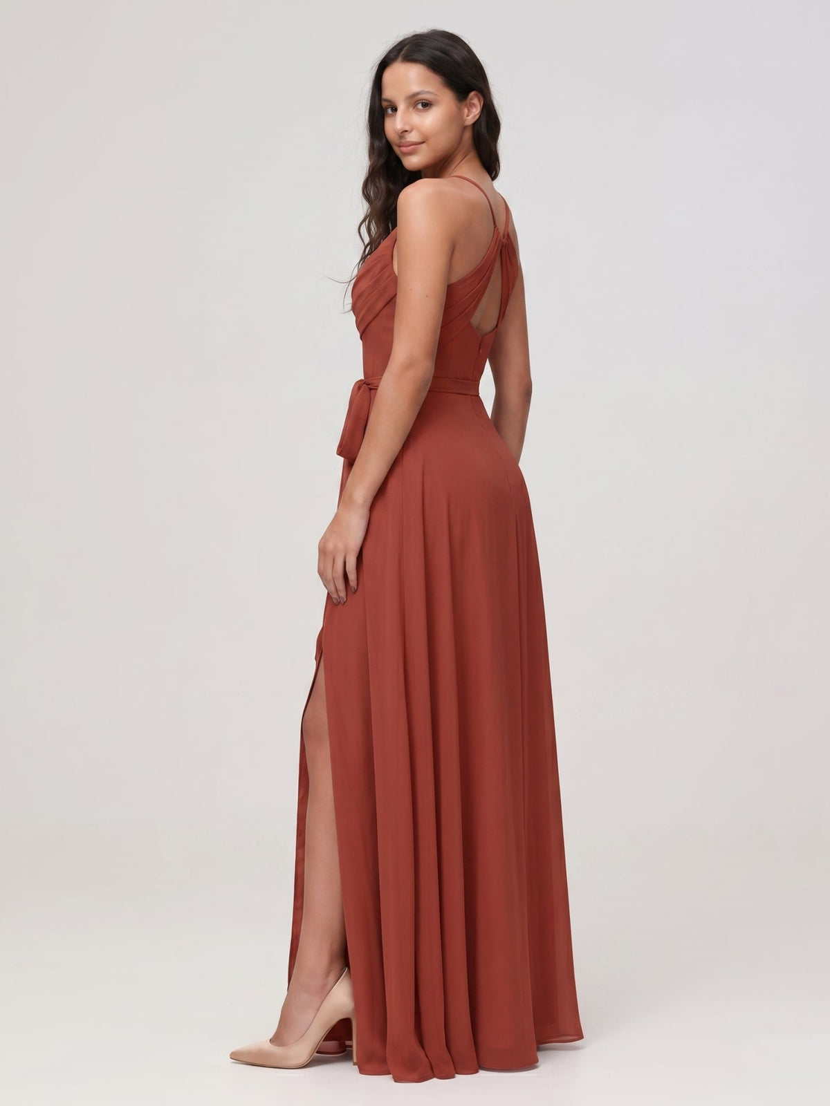 Rust Chiffon A-Line Cowl Neck Backless Floor-Length Bridesmaid Dress - Curvevia