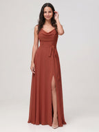 Rust Chiffon A-Line Cowl Neck Backless Floor-Length Bridesmaid Dress - Curvevia