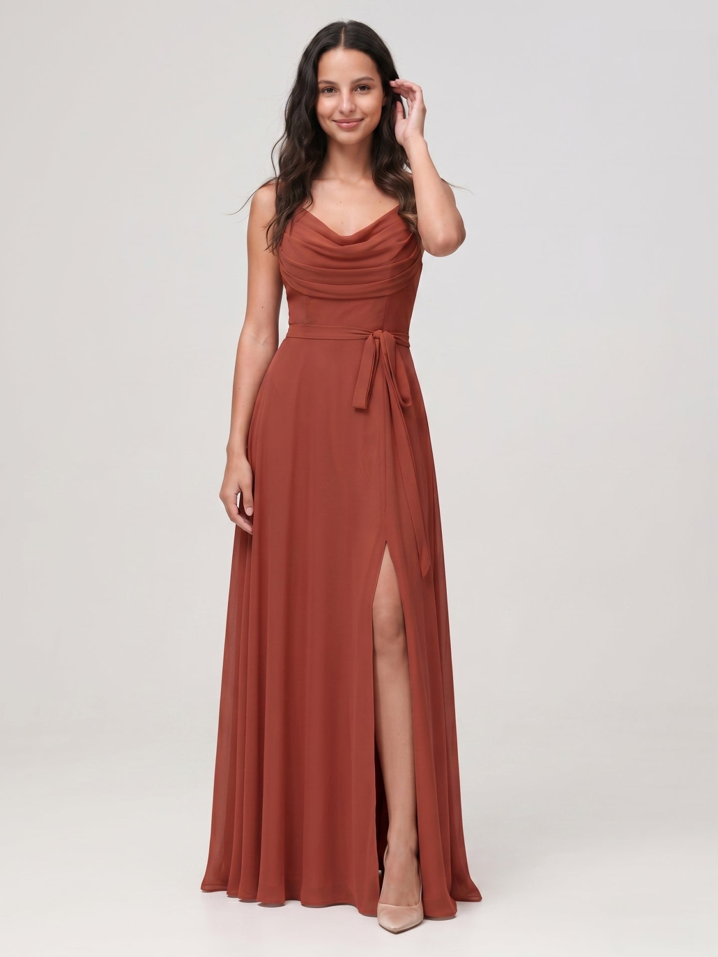 Rust Chiffon A-Line Cowl Neck Backless Floor-Length Bridesmaid Dress - Curvevia