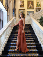 Rust Chiffon A-Line Cowl Neck Backless Floor-Length Bridesmaid Dress - Curvevia