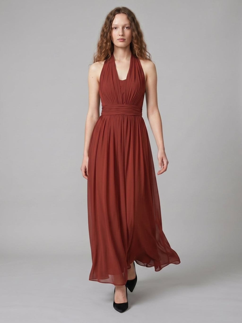 Rust Chiffon A-Line Halter Backless Floor-Length Bridesmaid Dress with Bow - Curvevia
