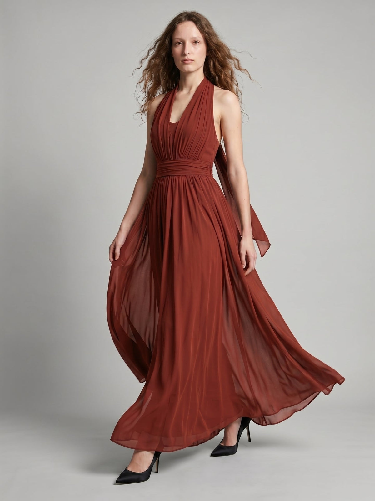 Rust Chiffon A-Line Halter Backless Floor-Length Bridesmaid Dress with Bow - Curvevia