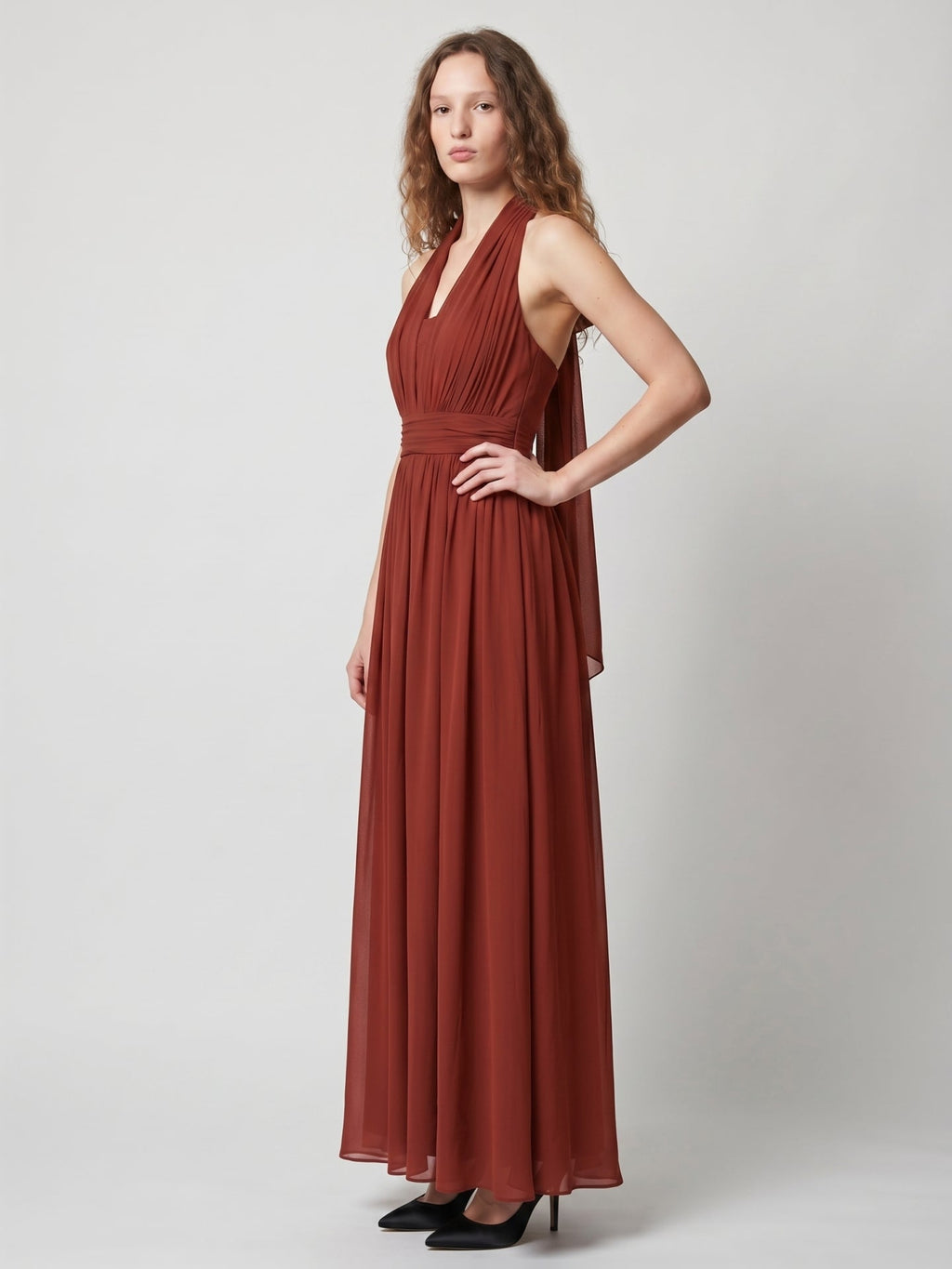 Rust Chiffon A-Line Halter Backless Floor-Length Bridesmaid Dress with Bow - Curvevia