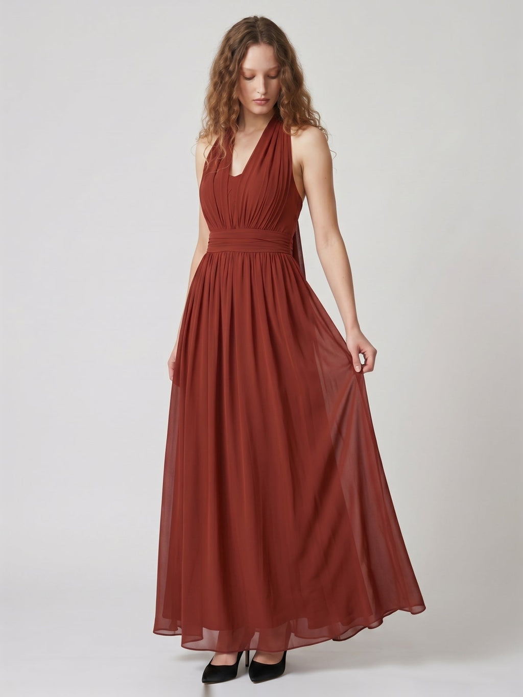 Rust Chiffon A-Line Halter Backless Floor-Length Bridesmaid Dress with Bow - Curvevia