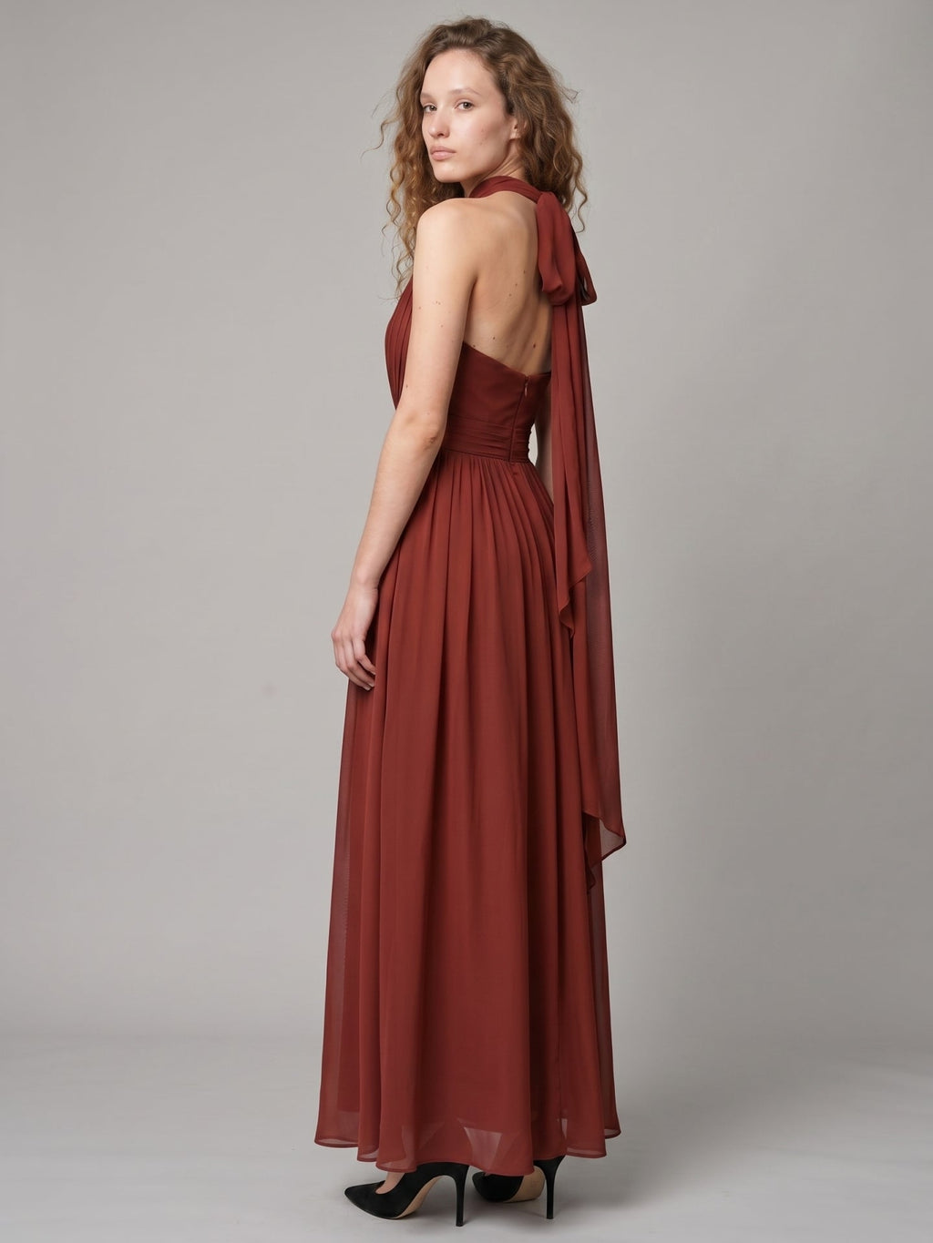 Rust Chiffon A-Line Halter Backless Floor-Length Bridesmaid Dress with Bow - Curvevia