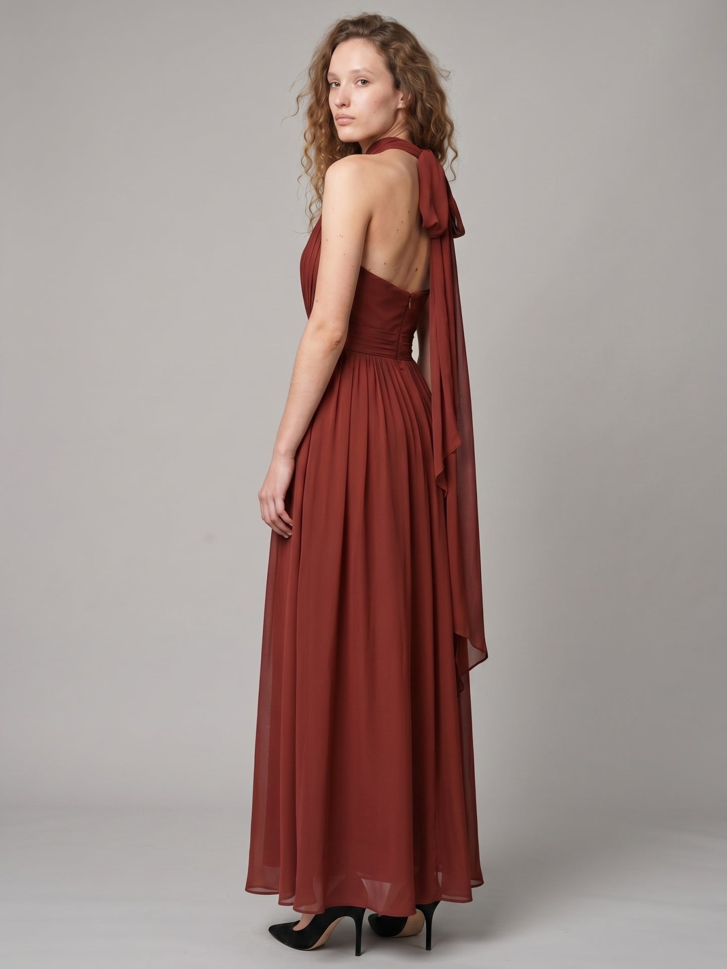 Rust Chiffon A-Line Halter Backless Floor-Length Bridesmaid Dress with Bow - Curvevia