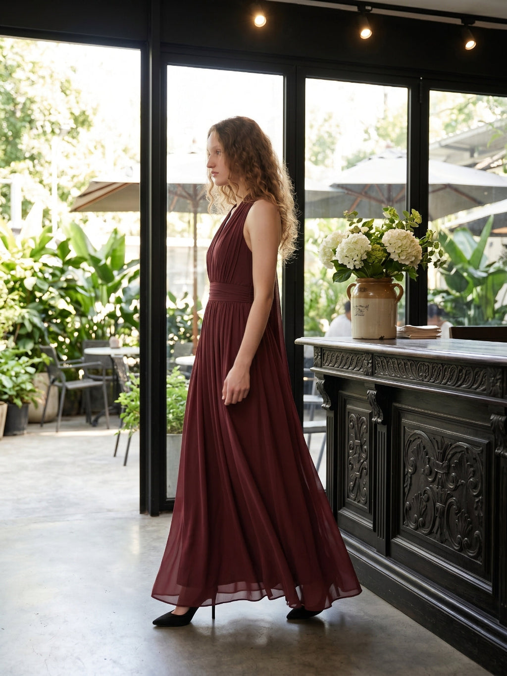 Rust Chiffon A-Line Halter Backless Floor-Length Bridesmaid Dress with Bow - Curvevia