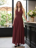 Rust Chiffon A-Line Halter Backless Floor-Length Bridesmaid Dress with Bow - Curvevia