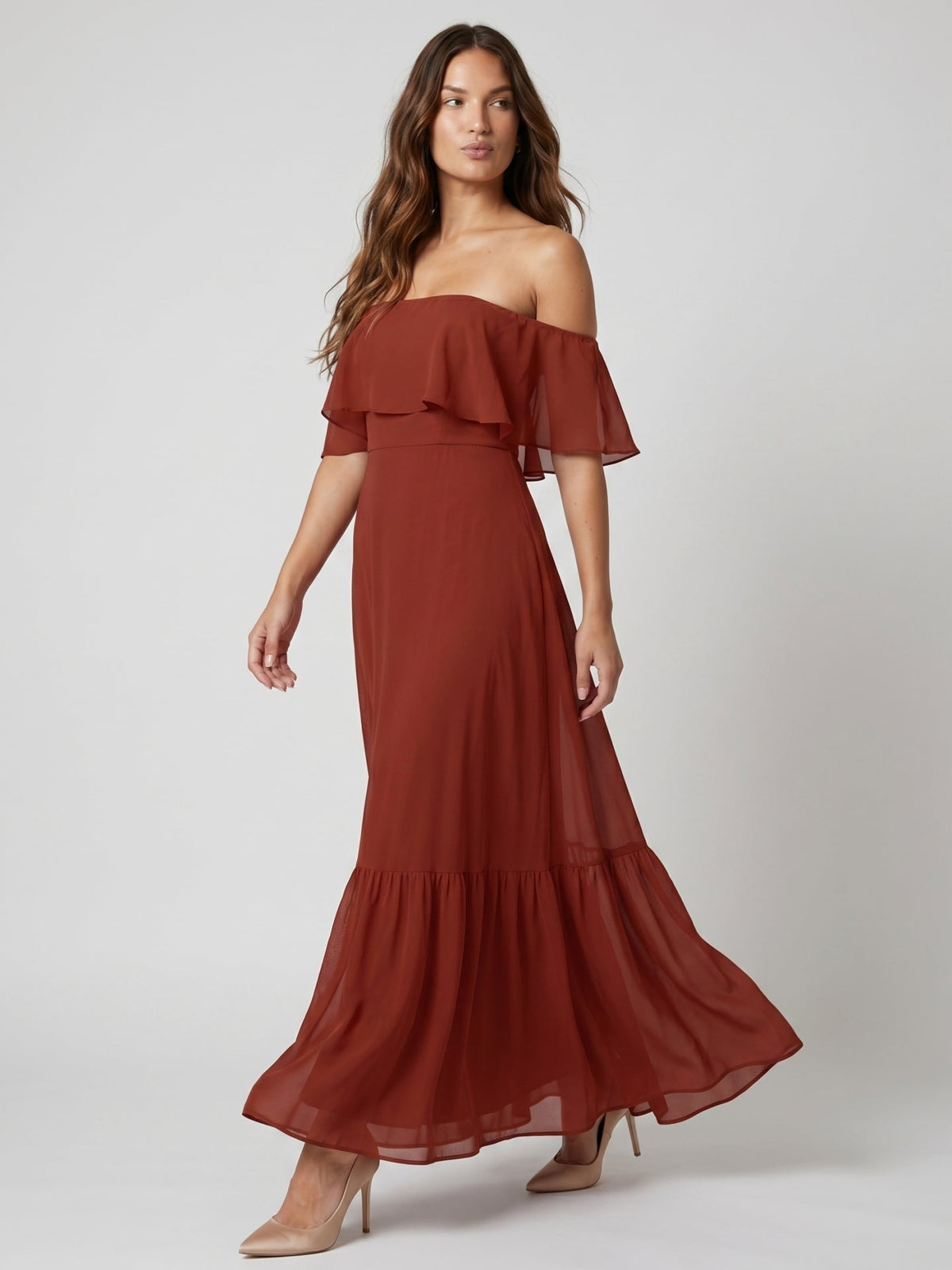 Rust Chiffon A-Line Off-the-Shoulder Backless Floor-Length Bridesmaid Dress with Ruffle - Curvevia