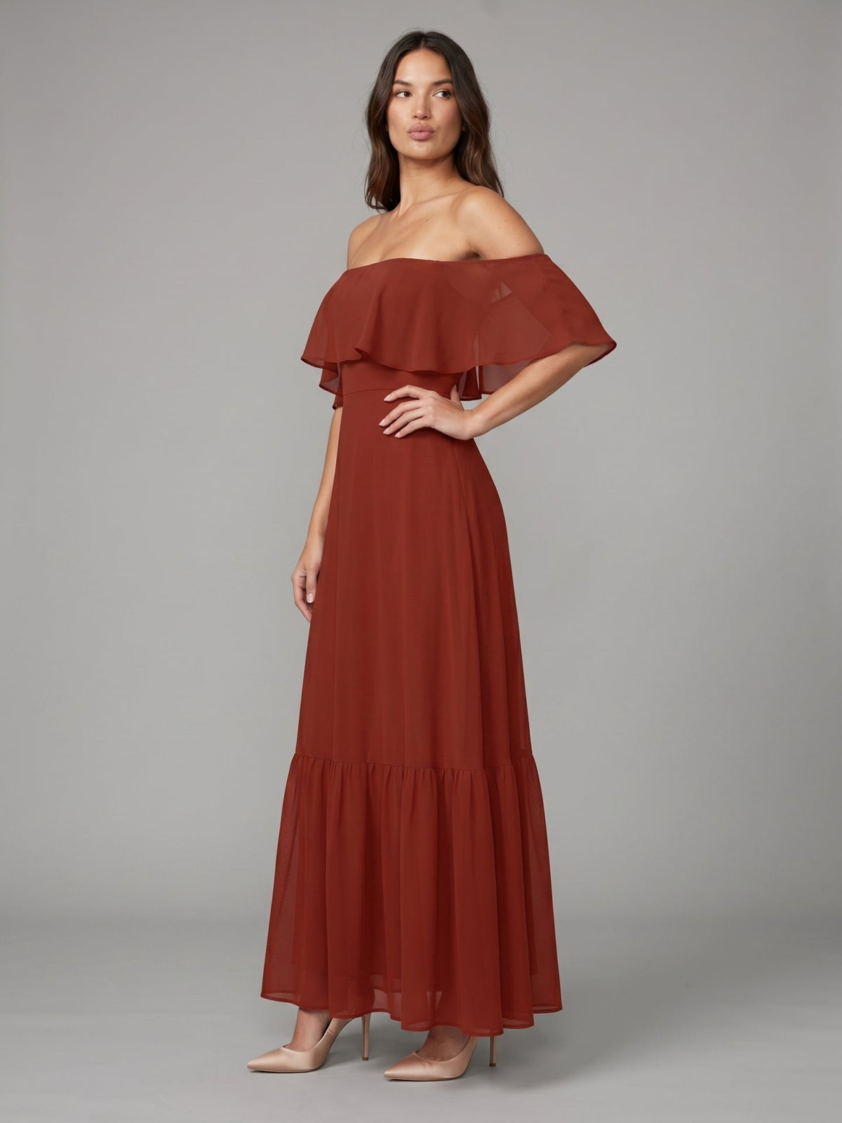 Rust Chiffon A-Line Off-the-Shoulder Backless Floor-Length Bridesmaid Dress with Ruffle - Curvevia