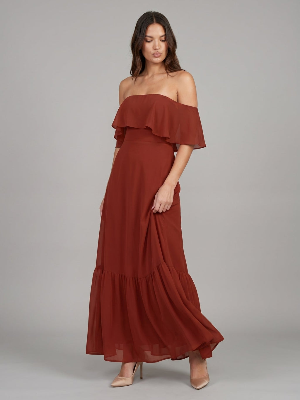 Rust Chiffon A-Line Off-the-Shoulder Backless Floor-Length Bridesmaid Dress with Ruffle - Curvevia