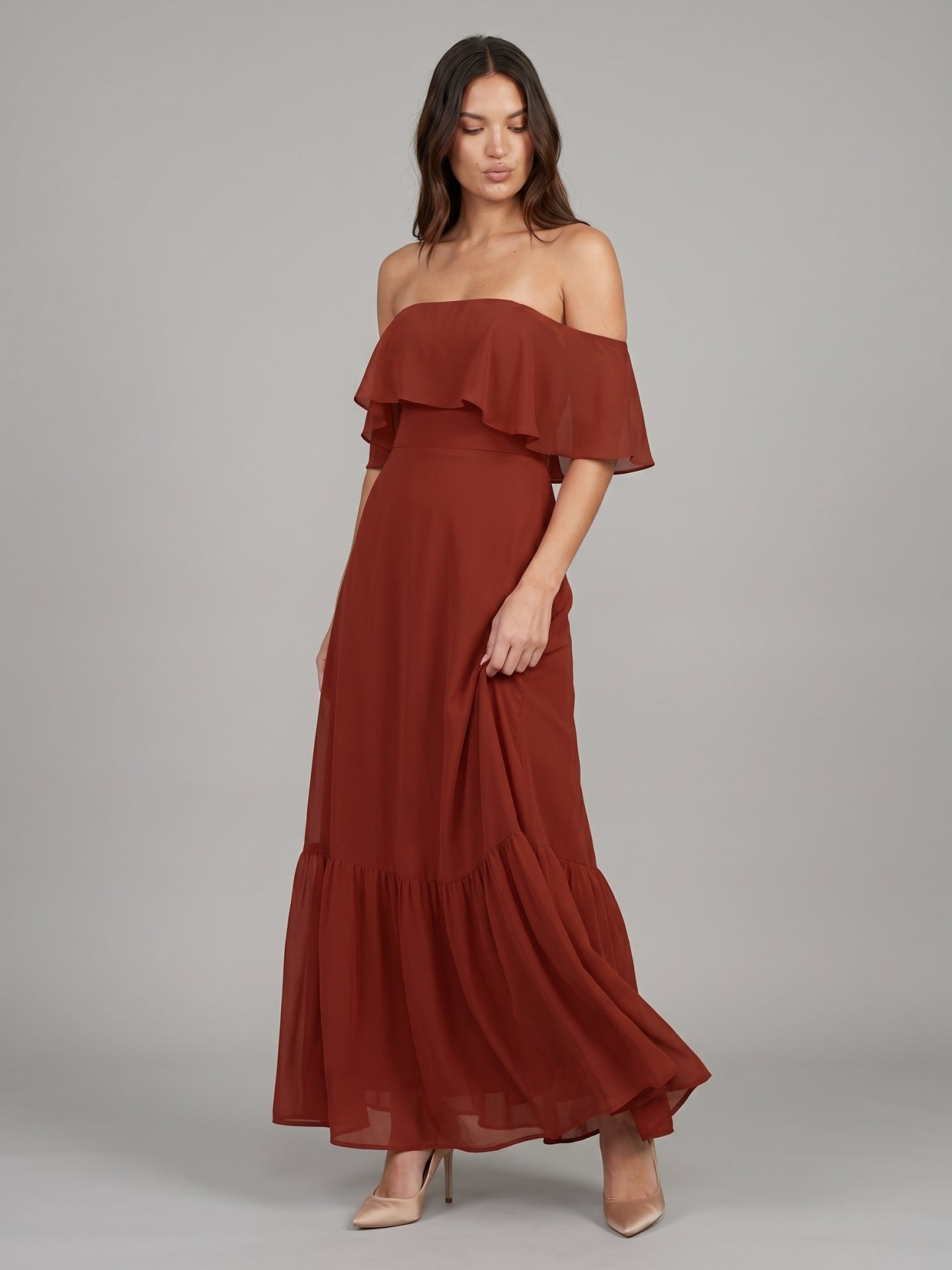Rust Chiffon A-Line Off-the-Shoulder Backless Floor-Length Bridesmaid Dress with Ruffle - Curvevia