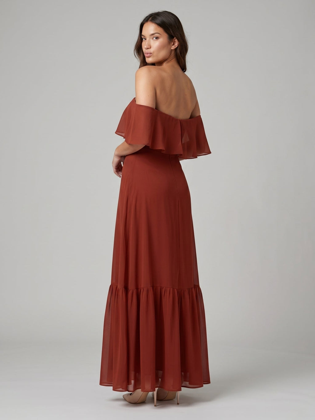 Rust Chiffon A-Line Off-the-Shoulder Backless Floor-Length Bridesmaid Dress with Ruffle - Curvevia