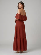 Rust Chiffon A-Line Off-the-Shoulder Backless Floor-Length Bridesmaid Dress with Ruffle - Curvevia