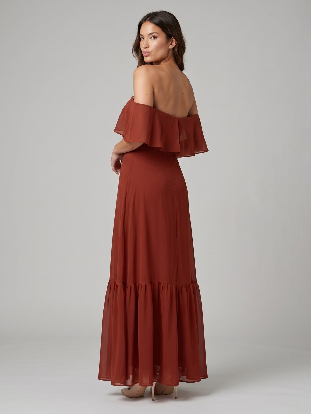Rust Chiffon A-Line Off-the-Shoulder Backless Floor-Length Bridesmaid Dress with Ruffle - Curvevia